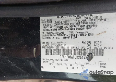 2012 Ford Fusion Sel from USA, damaged, VIN 3FAHP0JA1CR266935